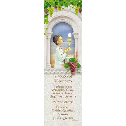 Holy Communion Bookmark with a drawing of a child of in front of a church window