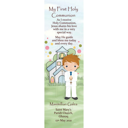 Holy Communion Bookmark with a drawing of a child with a church behind them