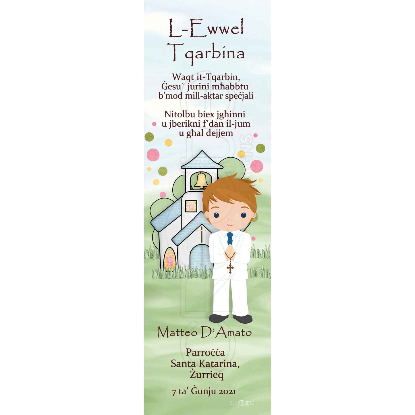 Holy Communion Bookmark with a drawing of a child with a church behind them