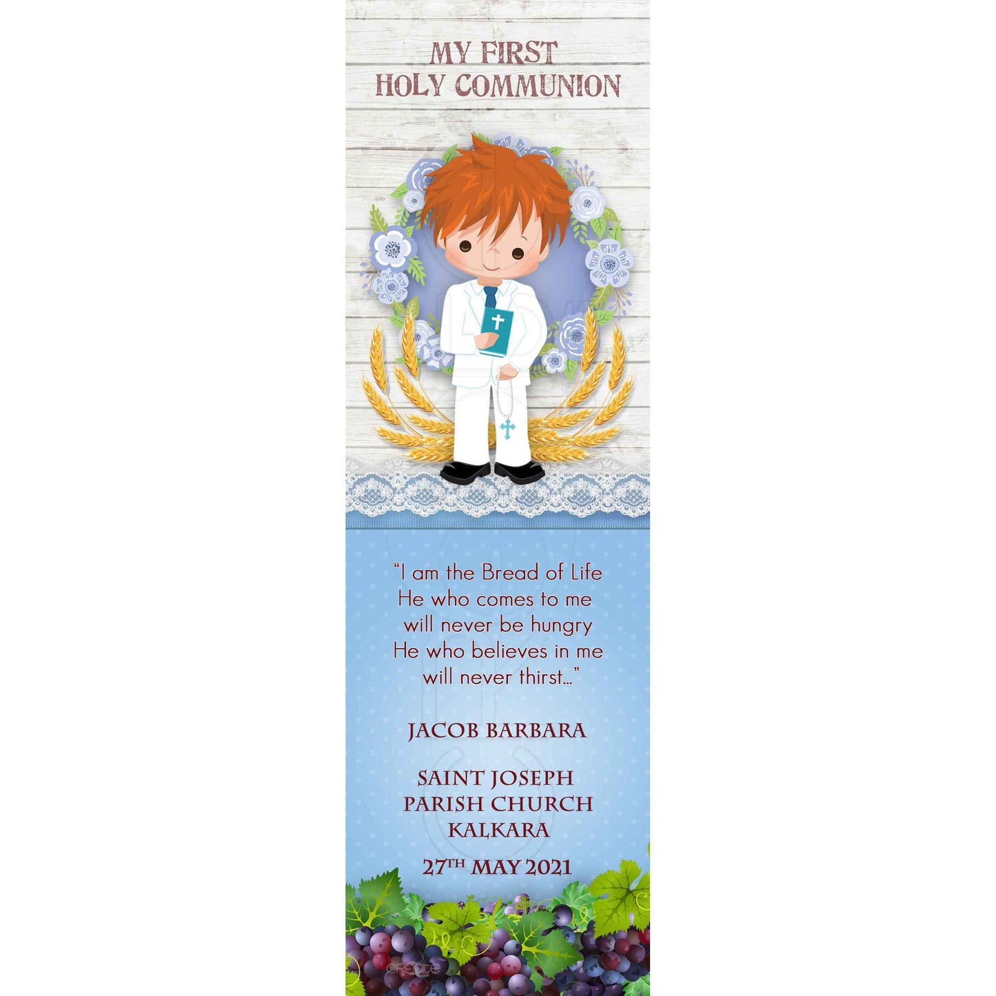 Holy Communion Bookmark with a drawing of a child surrounded by flowers