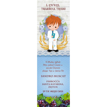 Holy Communion Bookmark with a drawing of a child surrounded by flowers