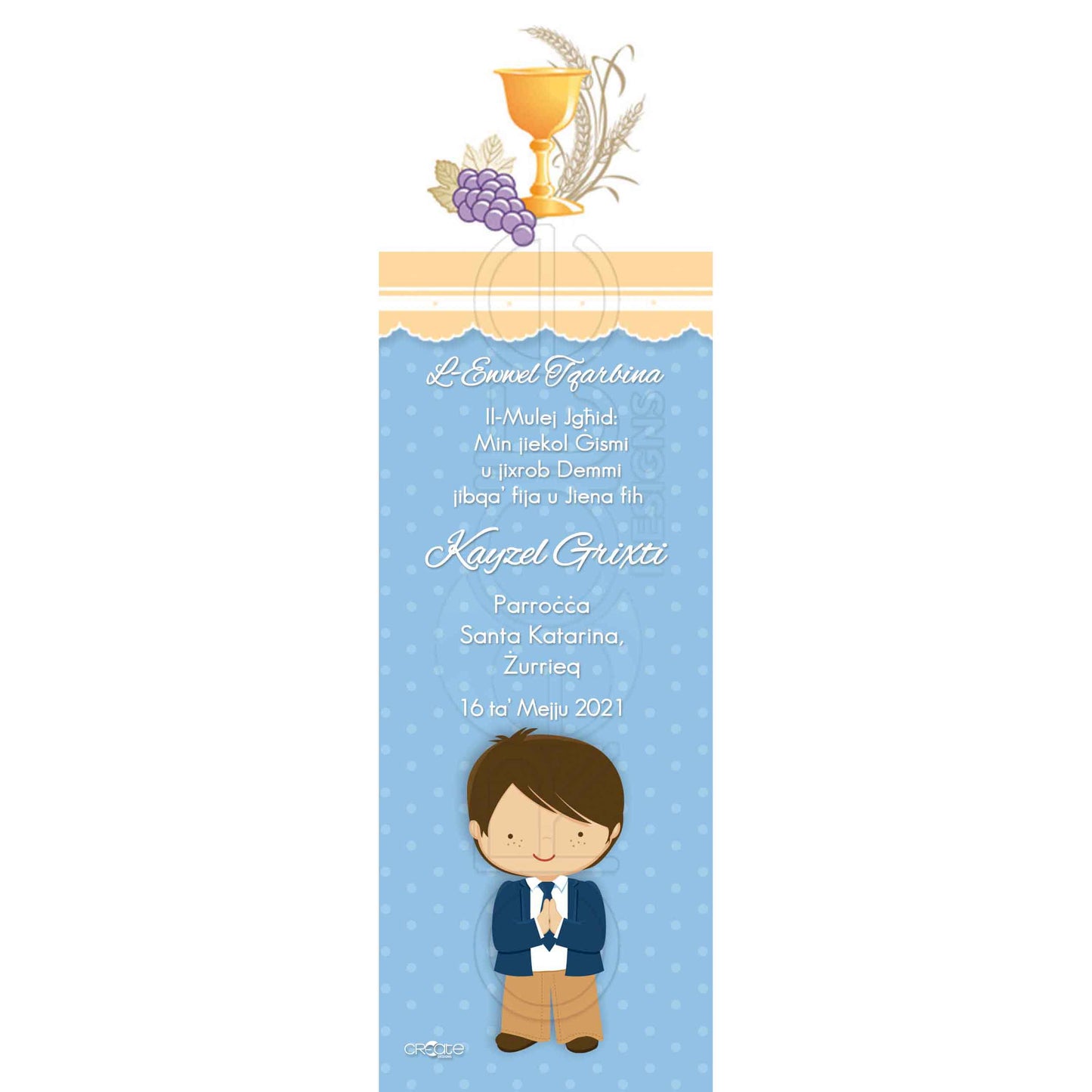 Holy Communion Bookmark with a drawing of a child of the precept and the symbols of the Eucharist