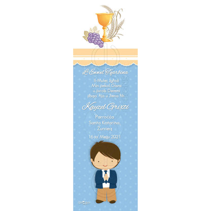 Holy Communion Bookmark with a drawing of a child of the precept and the symbols of the Eucharist