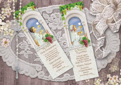 Holy Communion Bookmark with a drawing of a child of in front of a church window