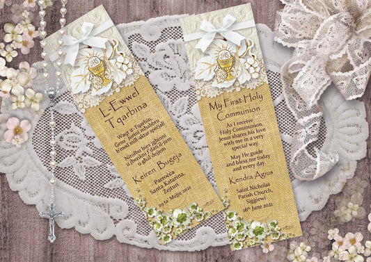 Holy Communion Bookmark with the symbols of the Eucharist on a burlap background