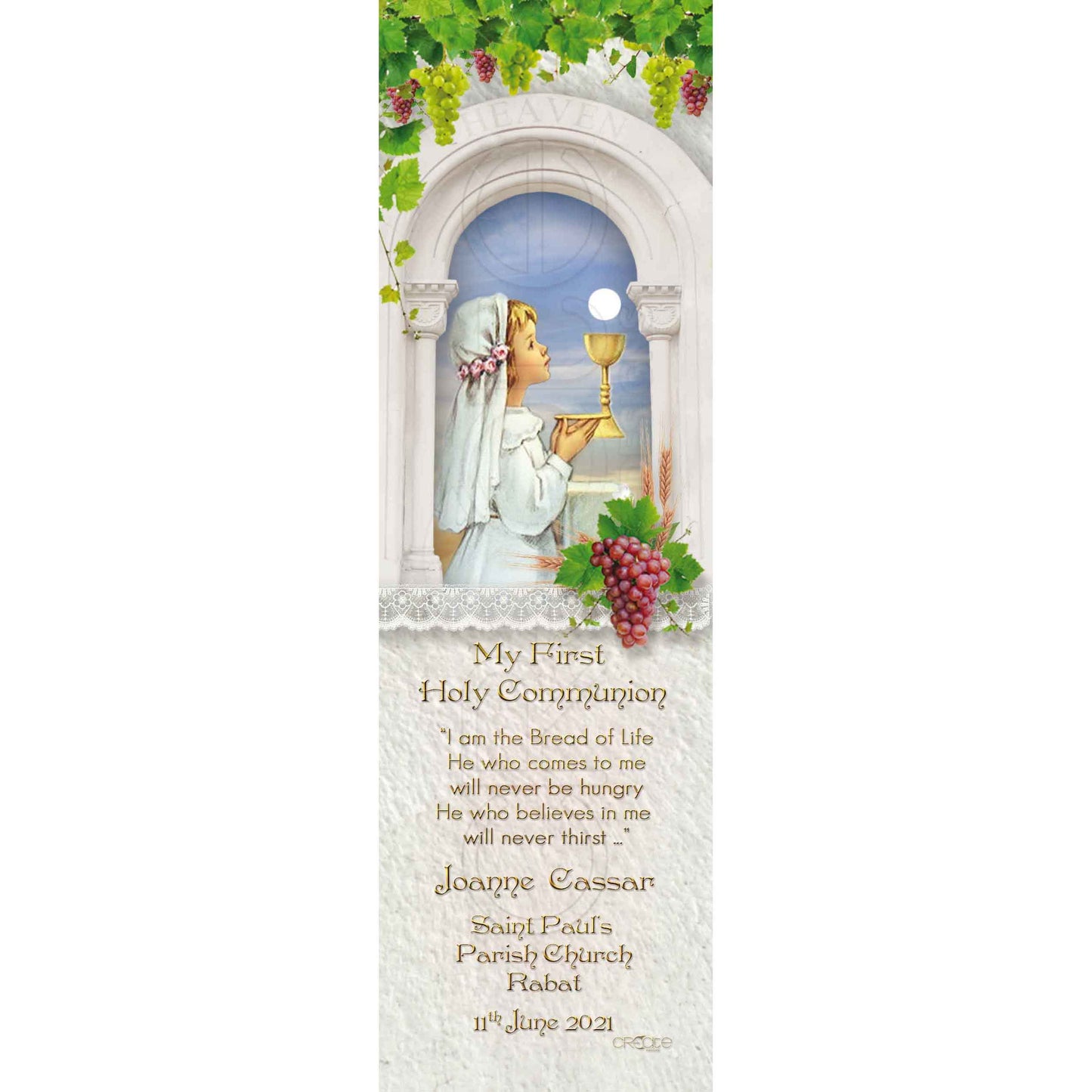 Holy Communion Bookmark with a drawing of a child of in front of a church window