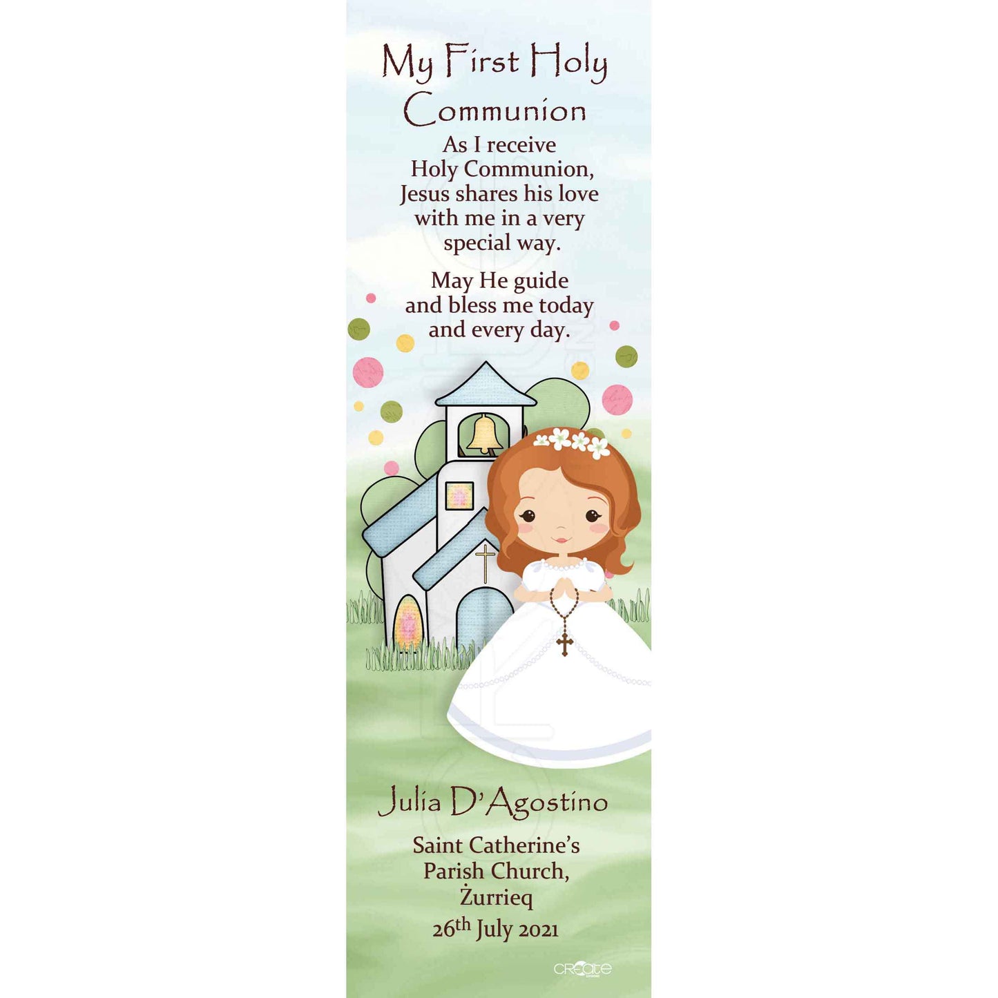 Holy Communion Bookmark with a drawing of a child with a church behind them