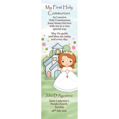 Holy Communion Bookmark with a drawing of a child with a church behind them