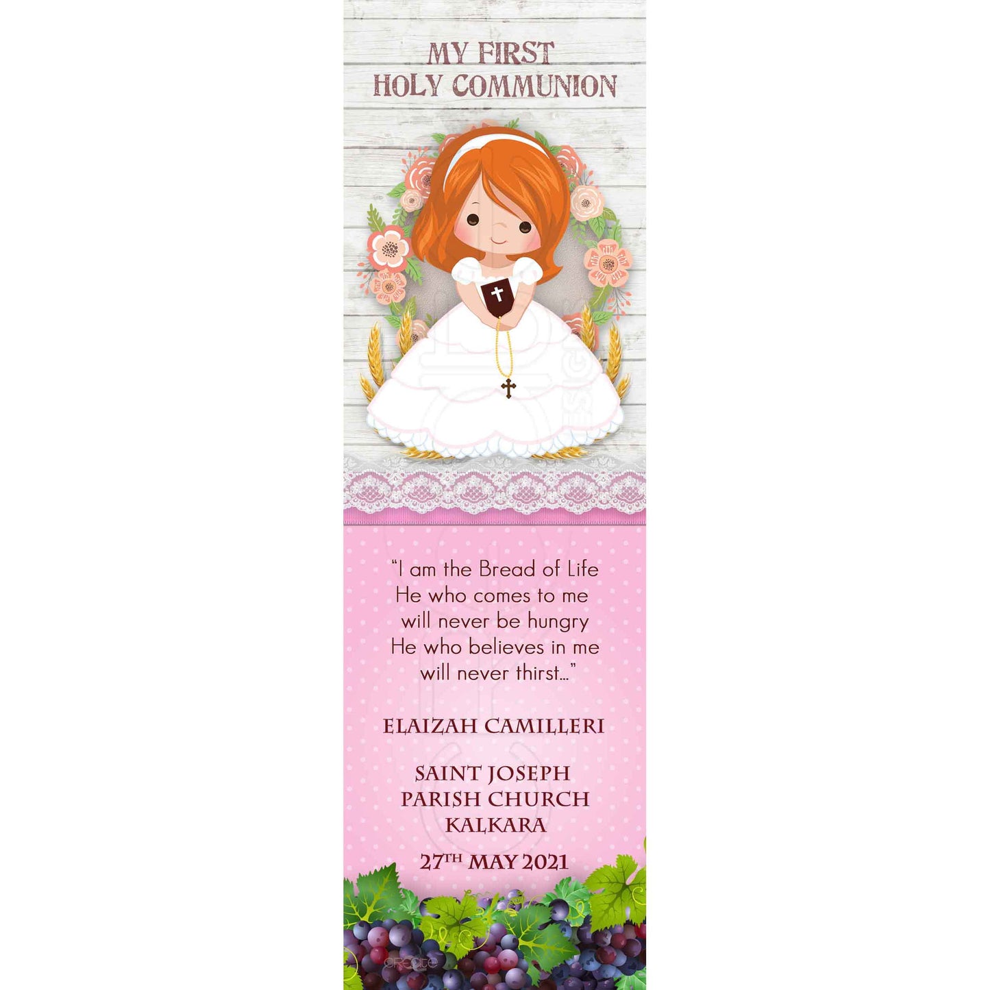 Holy Communion Bookmark with a drawing of a child surrounded by flowers