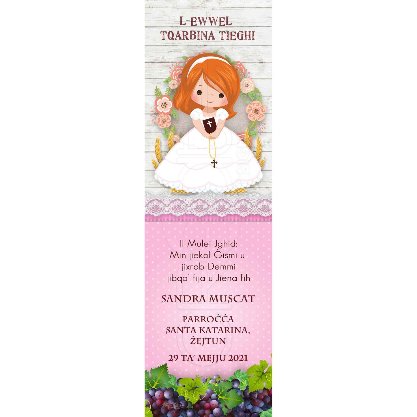 Holy Communion Bookmark with a drawing of a child surrounded by flowers