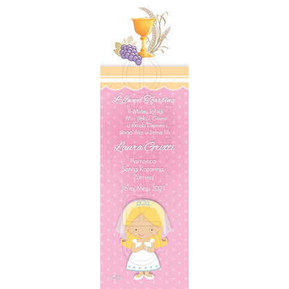 Holy Communion Bookmark with a drawing of a child of the precept and the symbols of the Eucharist