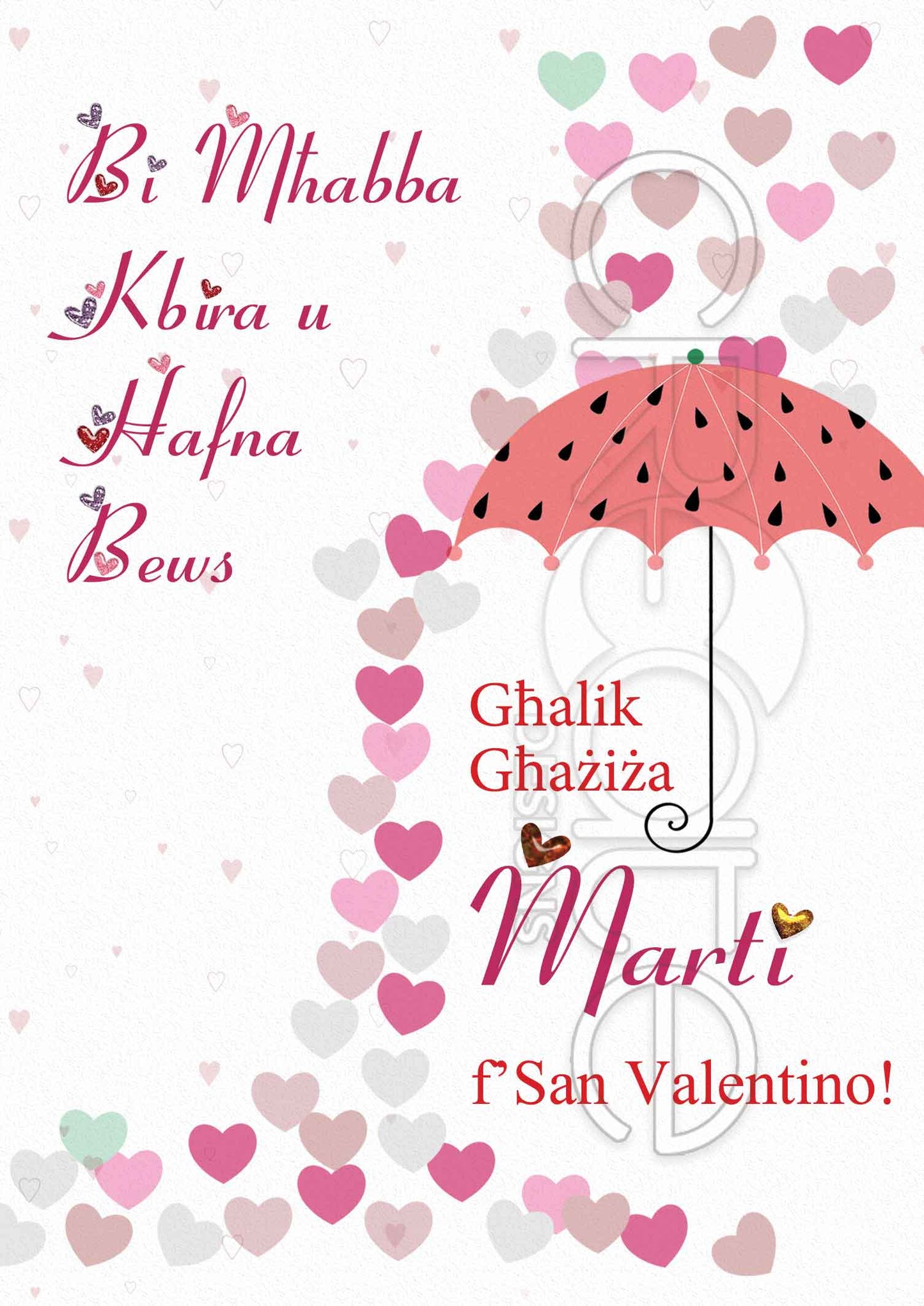 Kartolina għal San Valentino bl-umbrella u xita ta' qlub  (Marti)