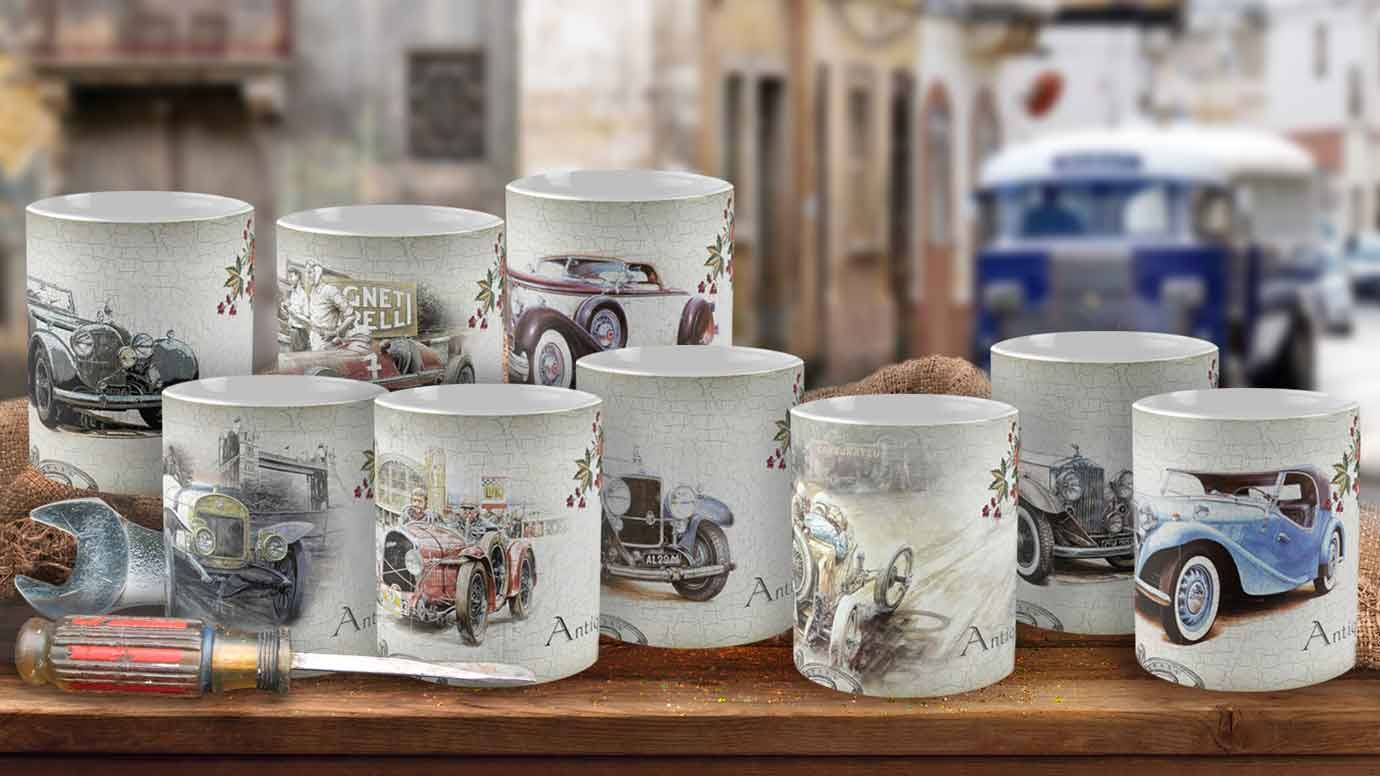 Set of mugs with pictures of vintage cars