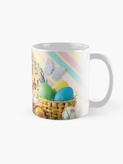 Easter mug (background of colourful lines and basket with Easter eggs)