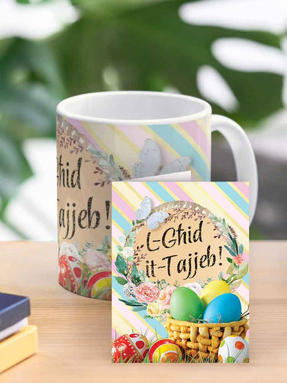 Mug tal-Għid fuq sfond ta' rigi kuluriti u qoffa bil-bajd tal-Għid