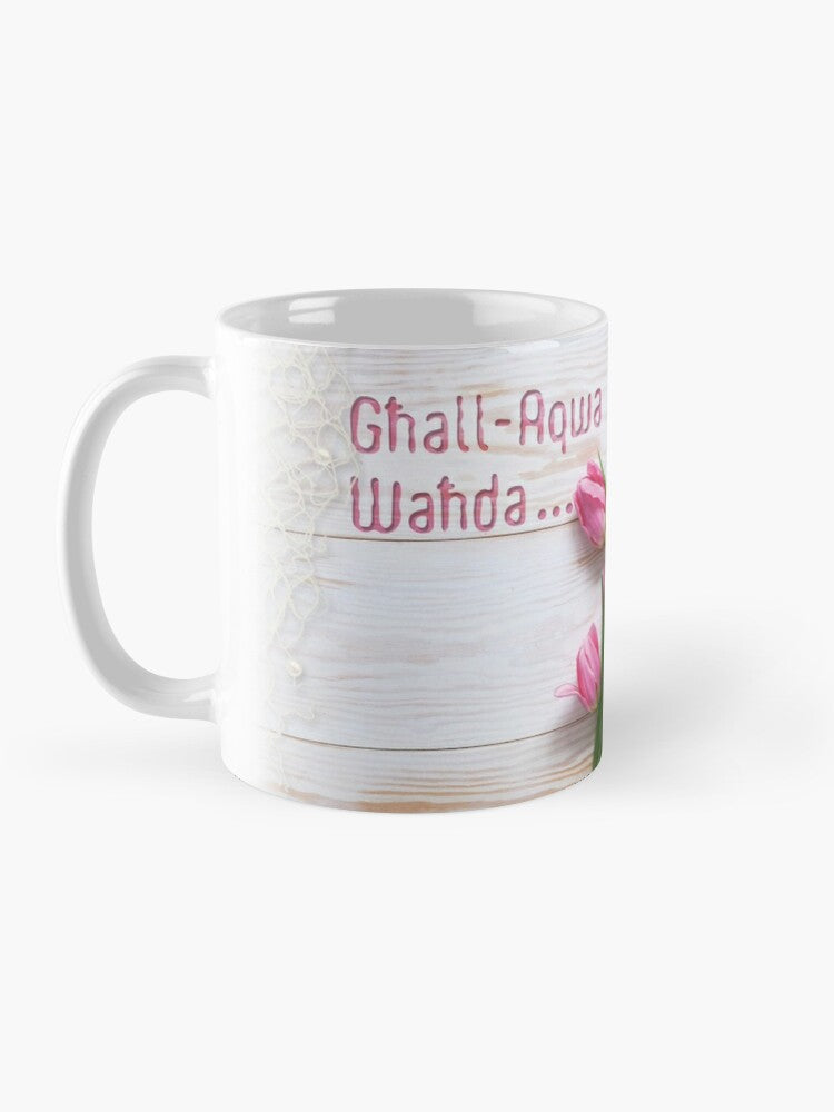 Mug for the female (tulip woman on a wooden background)