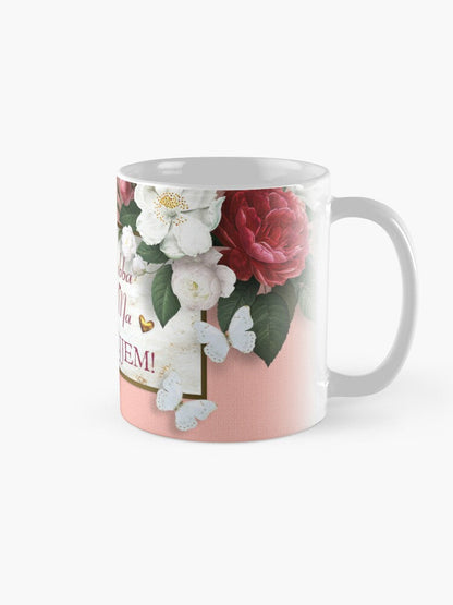 Mug for mother (with pink background and white and red flowers)