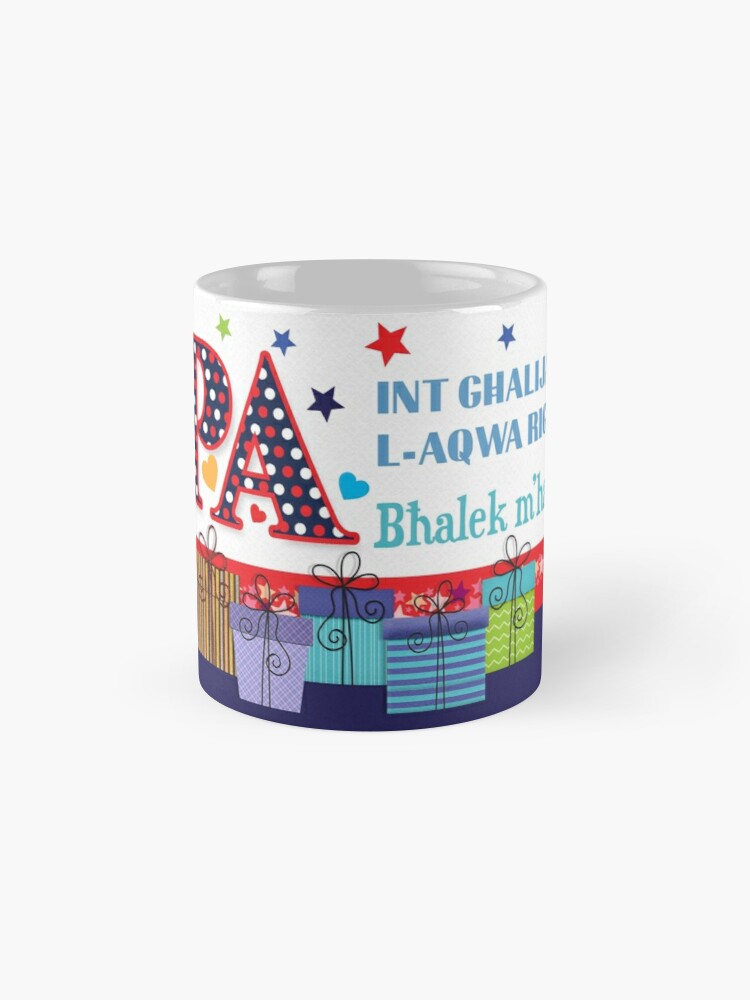 Mug for father (on a blue and red background and with gifts)