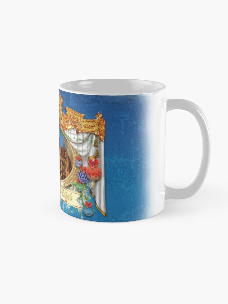 Christmas mug (with the image of the crib on a blue background)