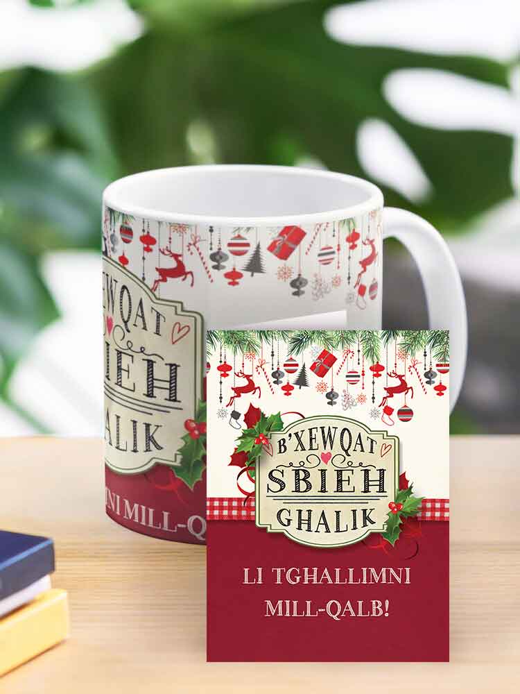 Mug tal-Milied għall-Għalliema fuq sfond aħmar bit-tiżjin