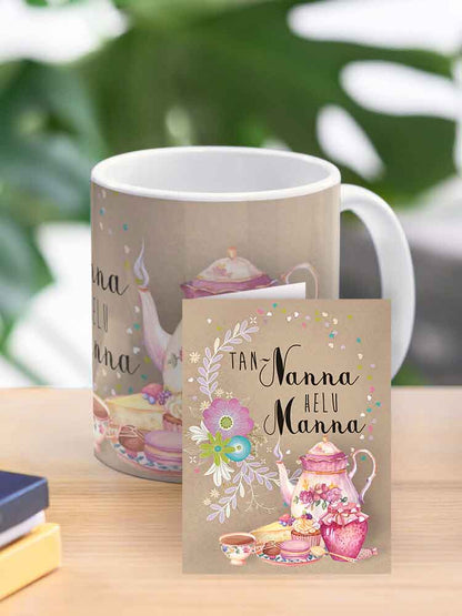 Mug tan-Nanna Helu Manna fuq sfond tal-kartun