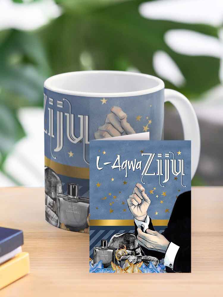 Mug for uncle with a blue background and a hand pair in the side